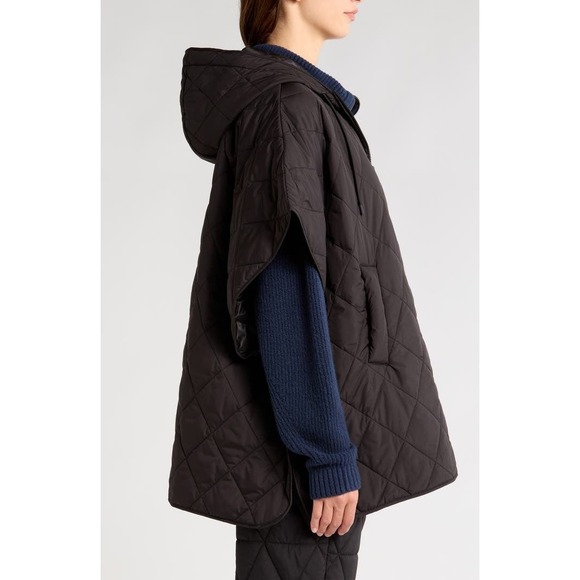 Zella Black Quilted Hooded Poncho Zip Front Diamond Stitch Cape with Pockets - Picture 4 of 15